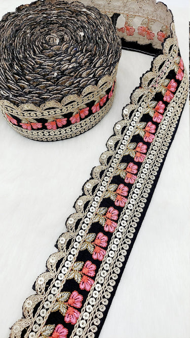 Art Silk Trim Gold Embroidered Sequins Pink Floral Trim, Decorative Trim, Indian Sari Border